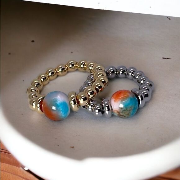 NWT Wool + Pepper Co. Blue Orange Jade Beaded Ring with Silver or Gold - Picture 4 of 5